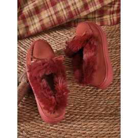 Vintage Plain All Season Wearable Daily Flat Shoes Faux Fur Slip On Deep Mouth Single Shoes for Women