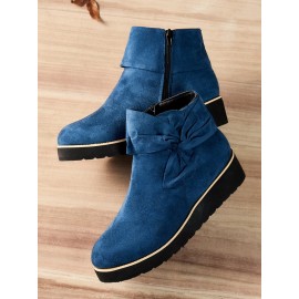 Comfortable Soft Leather Bow Round Toe Low Heel Booties