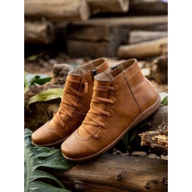 Women Lether Fall Flat Heel PU Boots