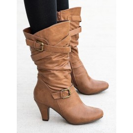 Casual Ruched Buckle Chunky Heel Boots