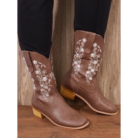 Square Toe Embroidered Western Cowboy Boots Chunky Heel Boots
