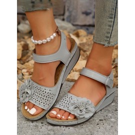 Retro casual three-dimensional flower hollow breathable wedge sandals