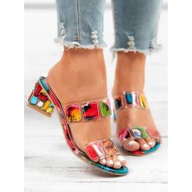 Colorful PVC Double Straps Rhinestone Chunky Heeled Sandals