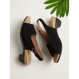 Retro Solid Simple Open Toe Chunky Heel Sandals