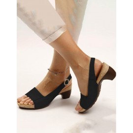 Retro Solid Simple Open Toe Chunky Heel Sandals