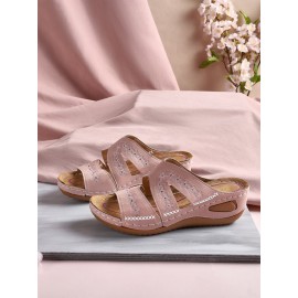 Floral Embroidered Cutout Boho Casual Wedge Slides