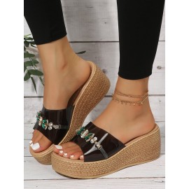 Waterproof Transparent PVC Rhinestone Decoration Holiday Faux Woven Wedge Sandals