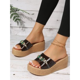 Waterproof Transparent PVC Rhinestone Decoration Holiday Faux Woven Wedge Sandals