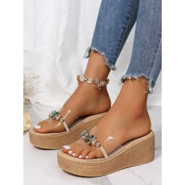 Waterproof Transparent PVC Rhinestone Decoration Holiday Faux Woven Wedge Sandals