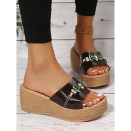 Waterproof Transparent PVC Rhinestone Decoration Holiday Faux Woven Wedge Sandals