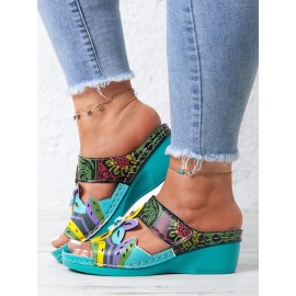 Retro Color Contrast Ethnic Style Flower Hollow Wedge Sandals