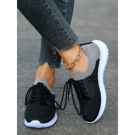 Sports Color Block Breathable Lace-Up Flat Heel Fly Woven Shoes