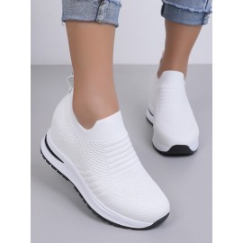 Casual Plain Breathable Slip On Block Heel Fly Woven Shoes