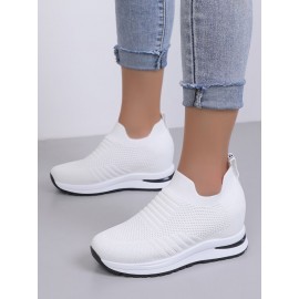 Casual Plain Breathable Slip On Block Heel Fly Woven Shoes