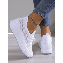 Casual Plain Breathable Lace-Up Block Heel Fly Woven Shoes Hollow Out