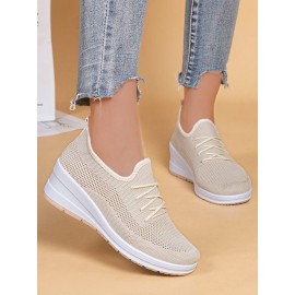 Casual Plain Breathable Lace-Up Block Heel Fly Woven Shoes Hollow Out