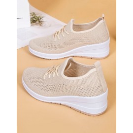 Casual Plain Breathable Lace-Up Block Heel Fly Woven Shoes Hollow Out