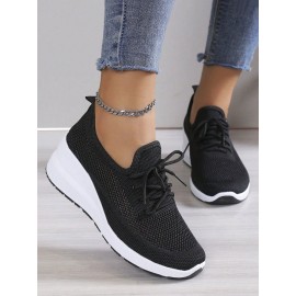 Casual Plain Breathable Lace-Up Block Heel Fly Woven Shoes Hollow Out