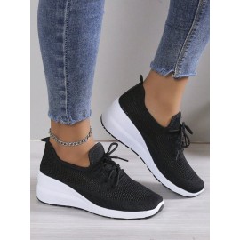 Casual Plain Breathable Lace-Up Block Heel Fly Woven Shoes Hollow Out