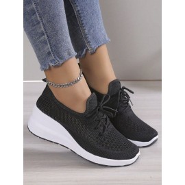 Casual Plain Breathable Lace-Up Block Heel Fly Woven Shoes Hollow Out