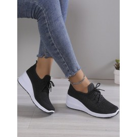 Casual Plain Breathable Lace-Up Block Heel Fly Woven Shoes Hollow Out