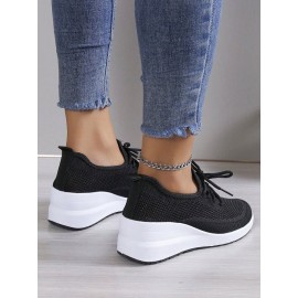 Casual Plain Breathable Lace-Up Block Heel Fly Woven Shoes Hollow Out