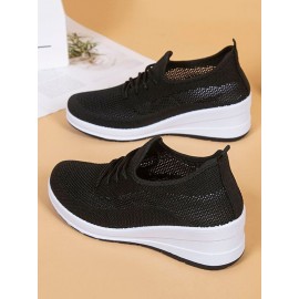 Casual Plain Breathable Lace-Up Block Heel Fly Woven Shoes Hollow Out