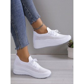 Casual Plain Breathable Lace-Up Block Heel Fly Woven Shoes Hollow Out