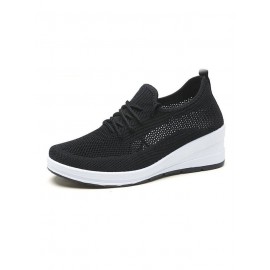 Casual Plain Breathable Lace-Up Block Heel Fly Woven Shoes Hollow Out