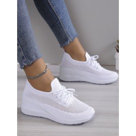 Casual Plain Breathable Lace-Up Block Heel Fly Woven Shoes Hollow Out