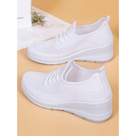 Casual Plain Breathable Lace-Up Block Heel Fly Woven Shoes Hollow Out