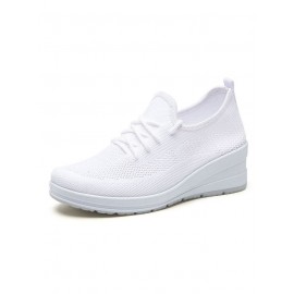 Casual Plain Breathable Lace-Up Block Heel Fly Woven Shoes Hollow Out