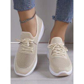 Casual Plain Breathable Lace-Up Block Heel Fly Woven Shoes Hollow Out