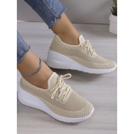 Casual Plain Breathable Lace-Up Block Heel Fly Woven Shoes Hollow Out