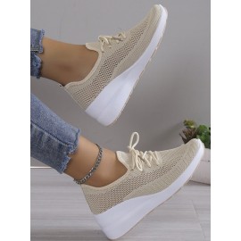 Casual Plain Breathable Lace-Up Block Heel Fly Woven Shoes Hollow Out