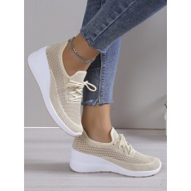 Casual Plain Breathable Lace-Up Block Heel Fly Woven Shoes Hollow Out