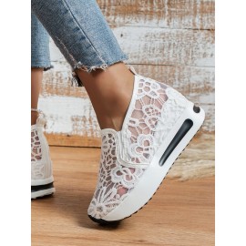 Floral Embroidered Mesh Paneled Slip-On Wedge Sneakers