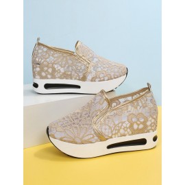 Floral Embroidered Mesh Paneled Slip-On Wedge Sneakers